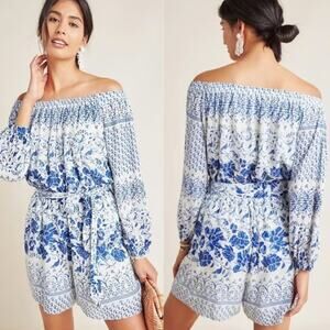 Anthropologie Clemente Off The Shoulder Blue Romper S Floral Tie Waist Boho